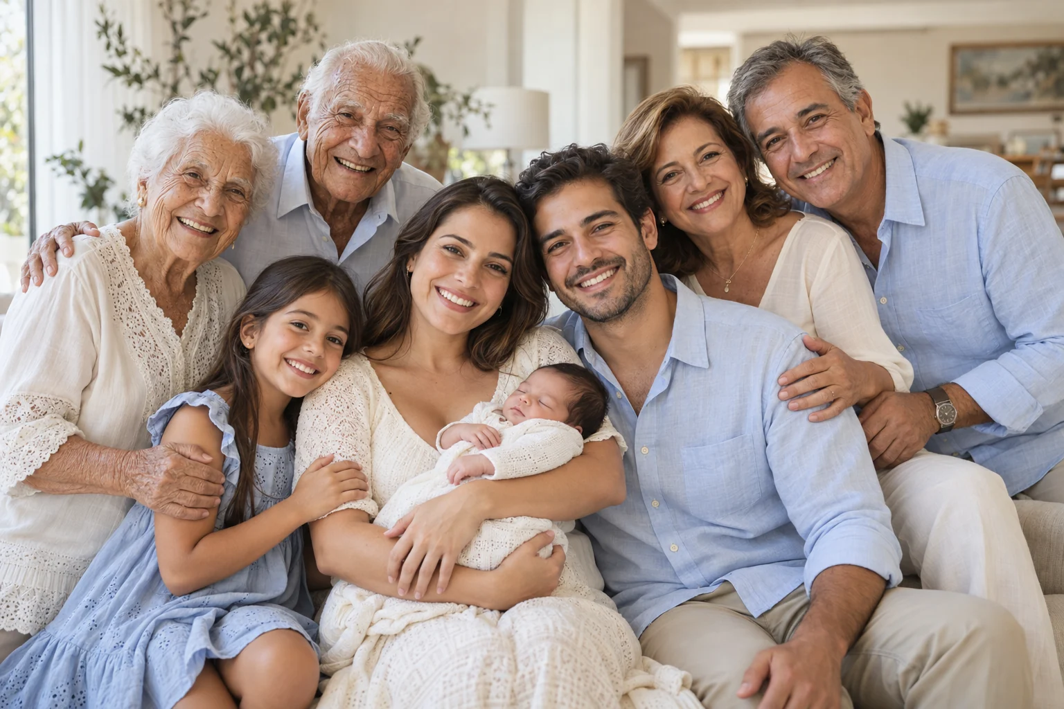 Família de quatro gerações reunida, com recém-nascido, criança, pais, avós e bisavós. Imagem ilustrativa.