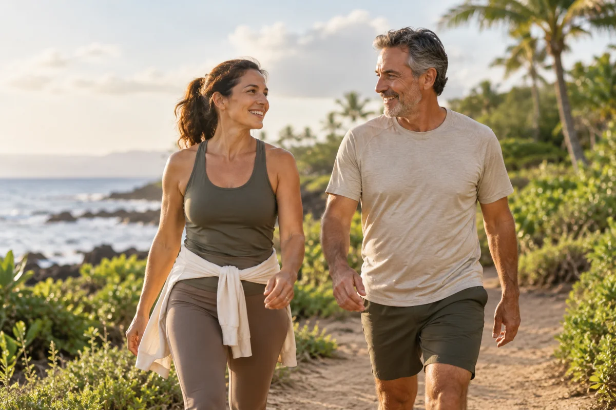 Cena ilustrativa de adultos em caminhada ao ar livre